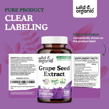 Wild & Organic Grape Seed Extract Capsules - 20,000 mg Strength Grapeseed Extract Equivalent - 95% Polyphenols - 400 mg per Serving - 120 Vegan Capsules - 4 Month Supply - Non-GMO