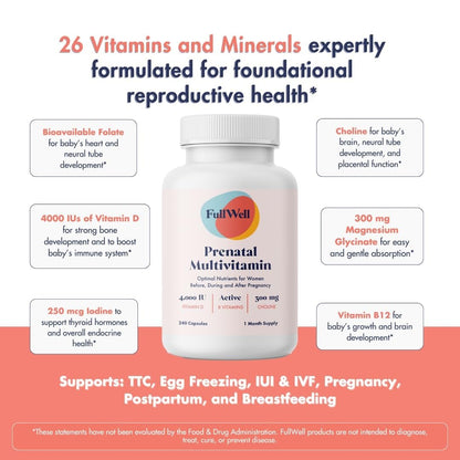 FullWell Prenatal Vitamin + DHA | 26+ Nutrients, Non-GMO, 30 Servings
