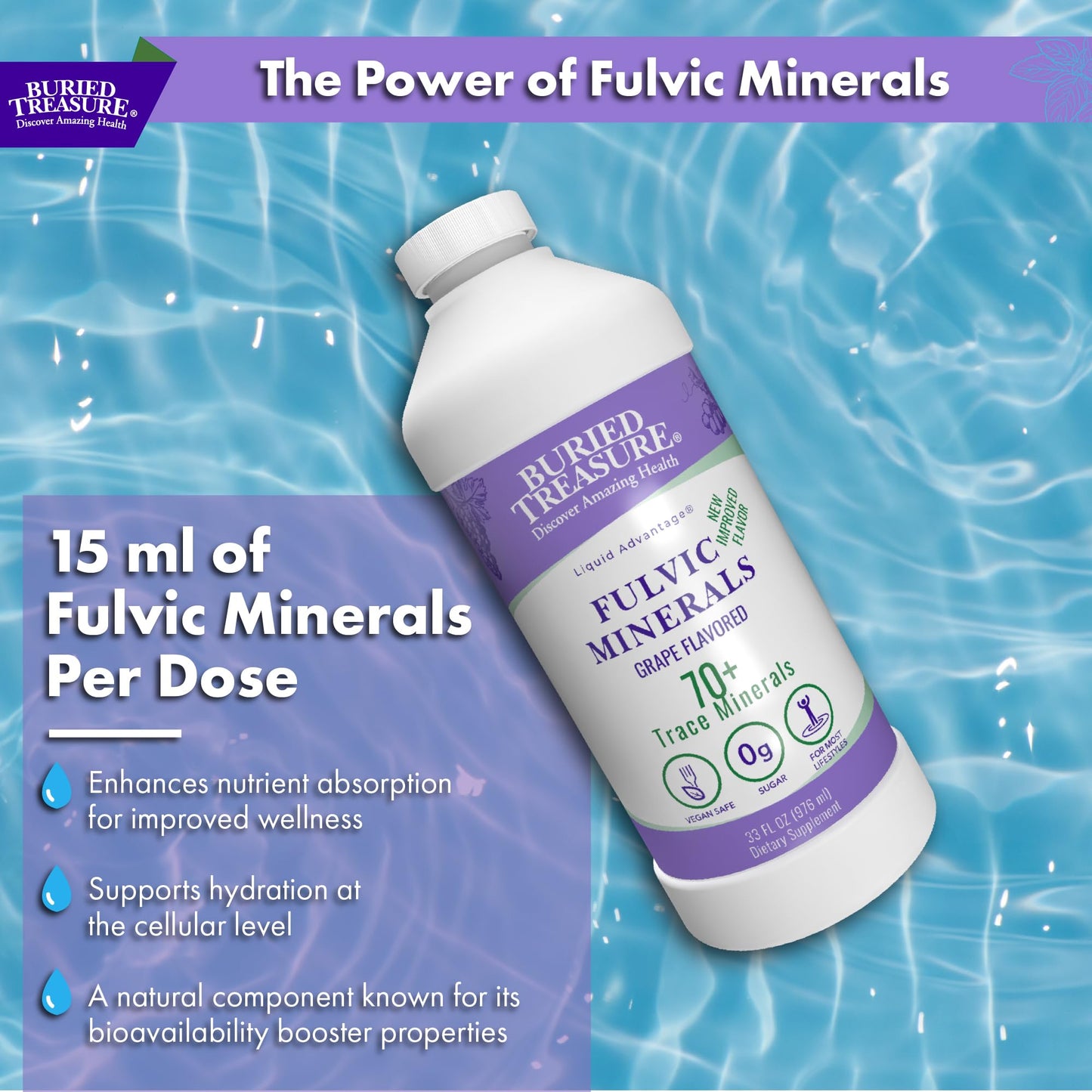 Buried Treasure Fulvic Minerals Grape Flavor – 32 Servings | Colloidal Trace Minerals & Electrolytes for Hydration