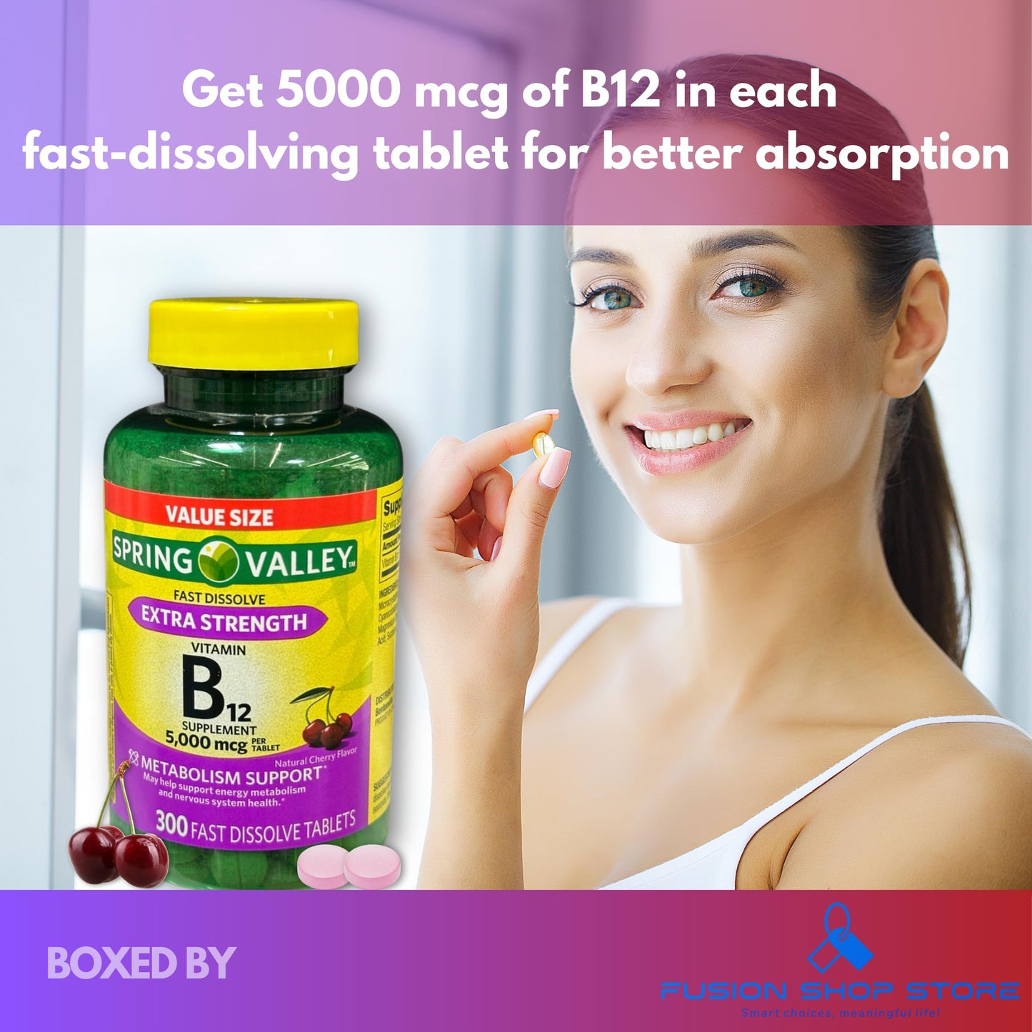 Fusion Shop Store B12 5000mcg Methylcobalamin Fast-Dissolve Tablets – Cherry Flavor, 300 ct