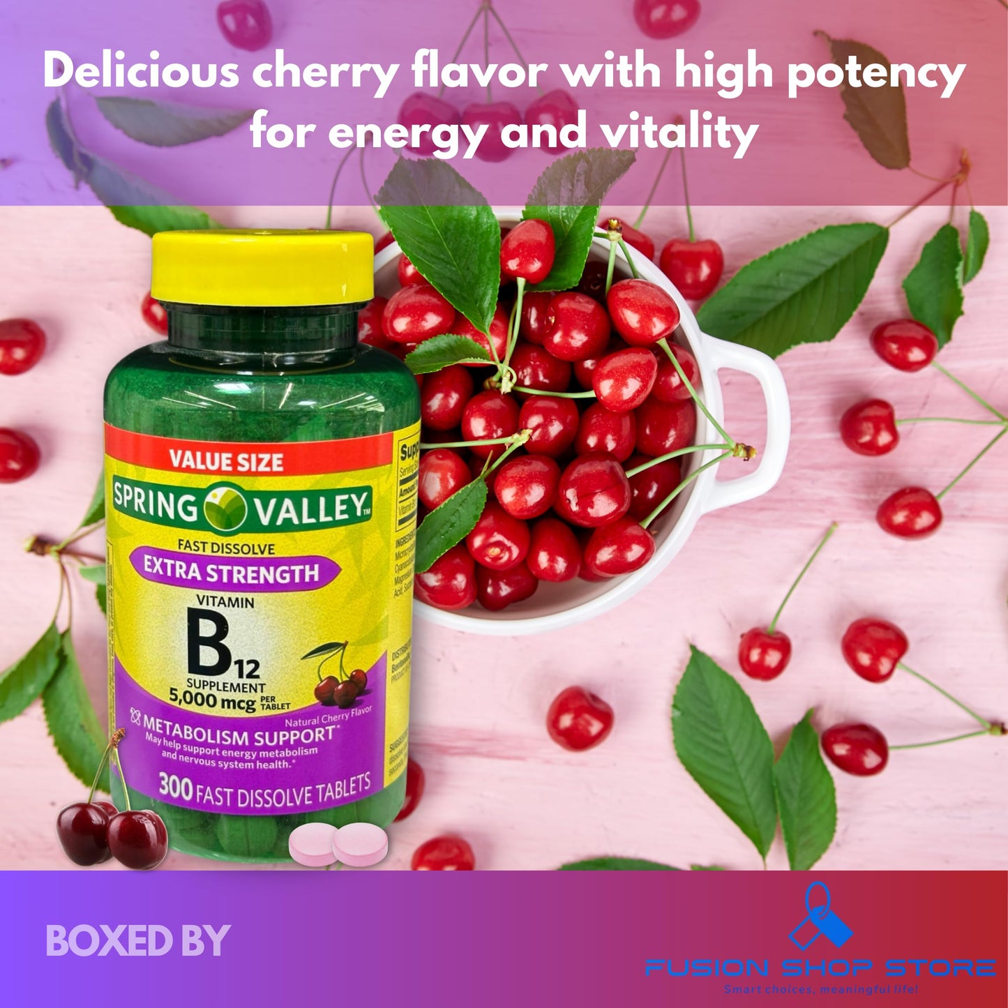 Fusion Shop Store B12 5000mcg Methylcobalamin Fast-Dissolve Tablets – Cherry Flavor, 300 ct