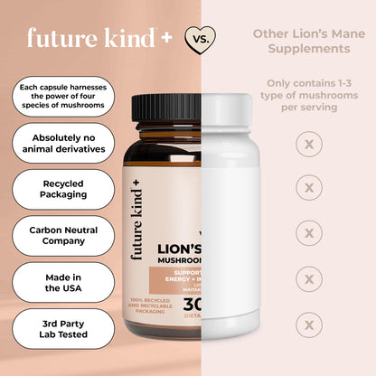 Future Kind Vegan Lion’s Mane Mushroom Complex – Brain Support with Chaga, Reishi, Maitake & Shiitake (30ct) | Memory & Focus
