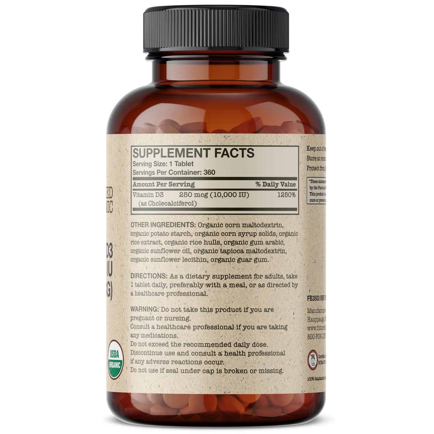 Futurebiotics Vitamin D3 10,000 IU Organic - 360 Tablets - Immune & Bone Support