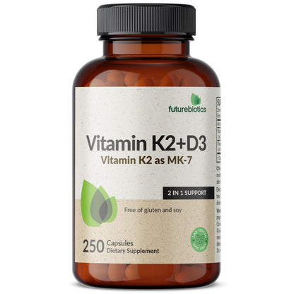 Futurebiotics Vitamin K2 (MK7) with D3 – Non-GMO, 5000 IU D3 & 90 mcg MK-7, 2-Pack (250 Veg Capsules per Bottle)