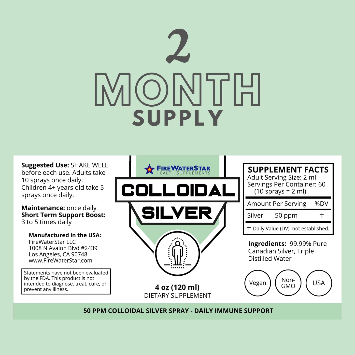 FWS Colloidal Silver Spray - 4 oz - Clear Silver - 50 ppm - 99.99% Pure Silver - Daily Immune Support