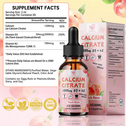 Fzjjyana Liquid Calcium Citrate Drops 1200 mg with Vitamin D3 & K2 – Peach Flavor, 2 oz, 30 Day Vegan Supply
