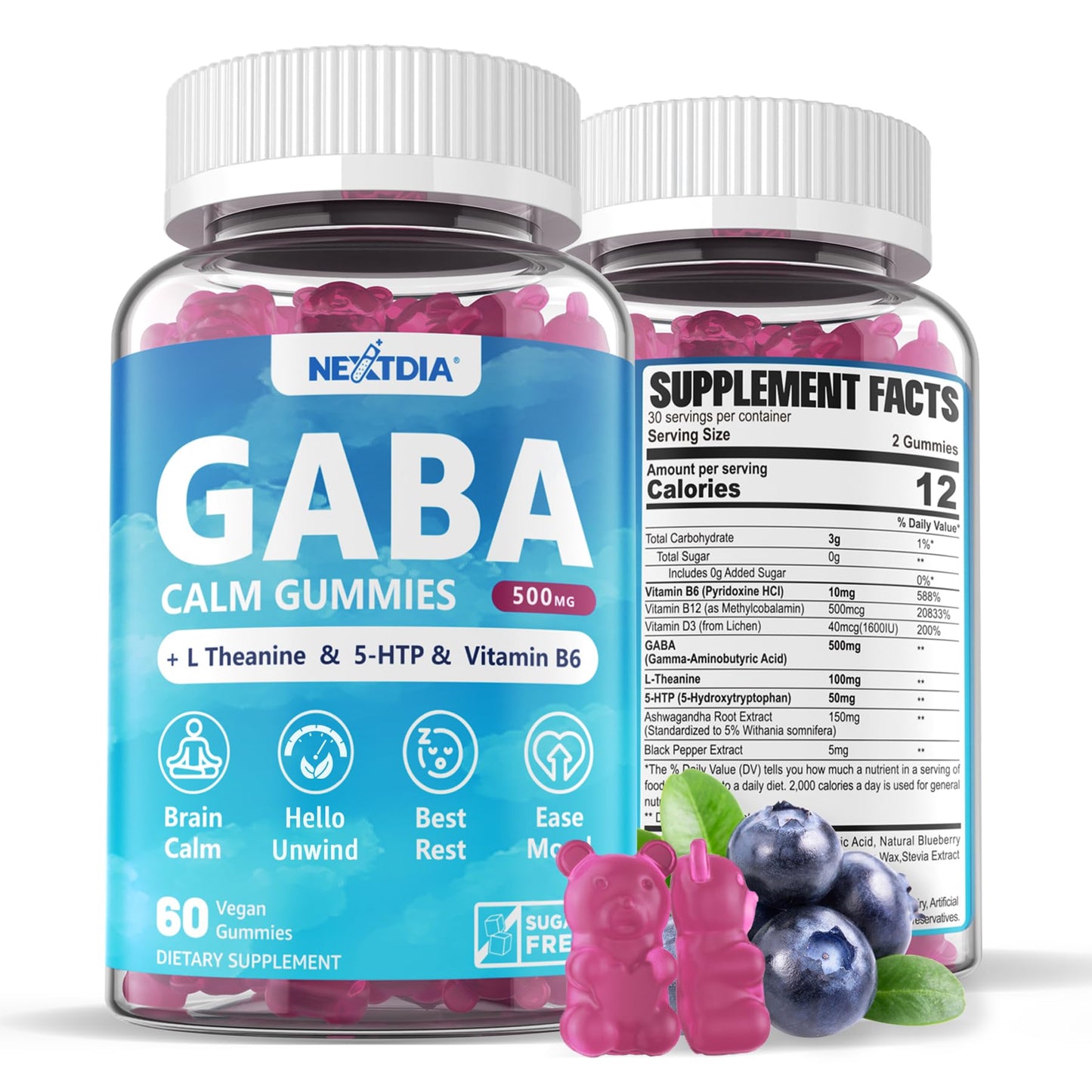 GABA Gummies 500 mg – Sugar-Free Calm Gummies with L-Theanine, 5-HTP, D3, B12 | Blueberry 1 Pack