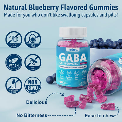 GABA Gummies 500 mg – Sugar-Free Calm Gummies with L-Theanine, 5-HTP, D3, B12 | Blueberry 1 Pack