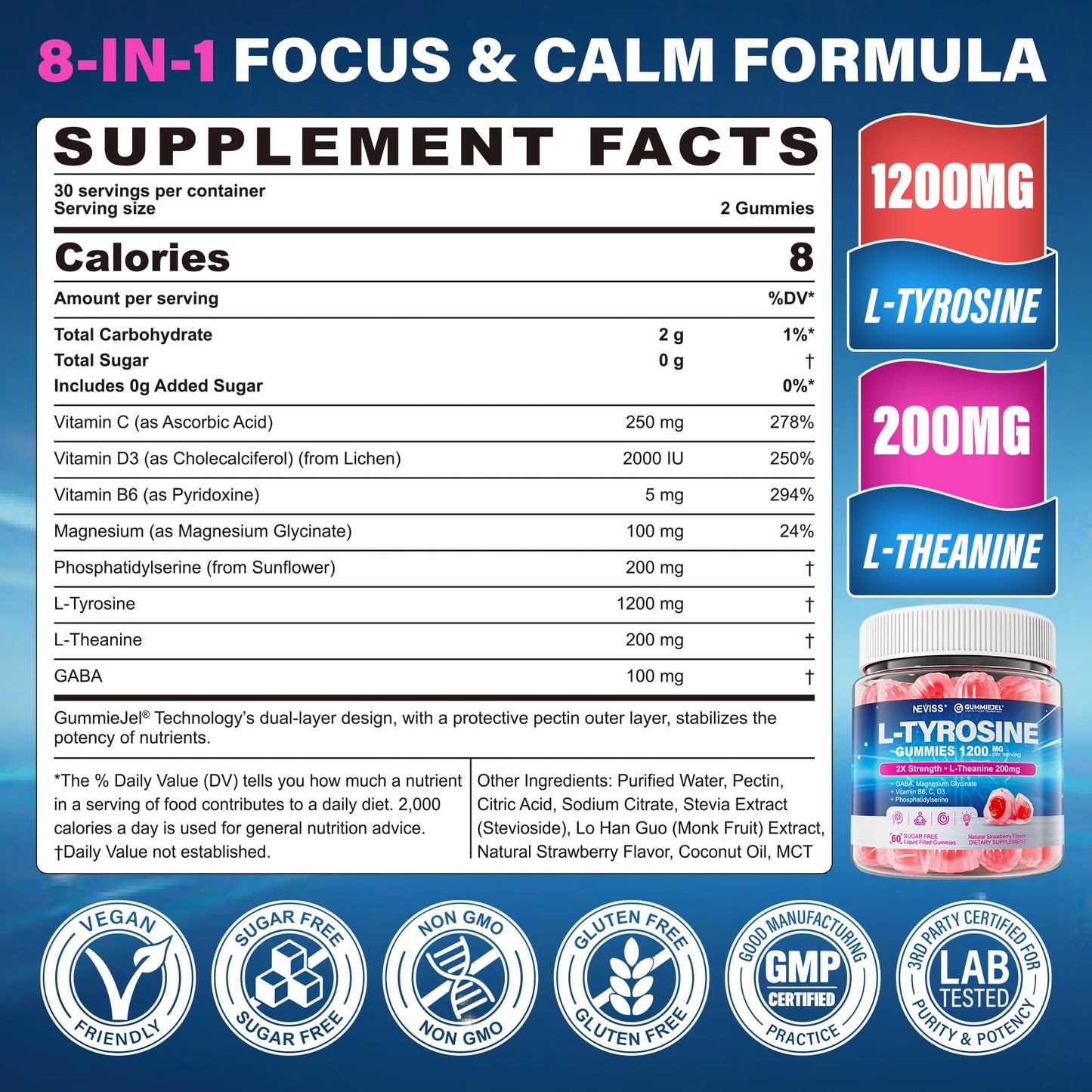L Tyrosine Gummies 1200mg + GABA L-Theanine Calm & Focus – Vegan Brain Support