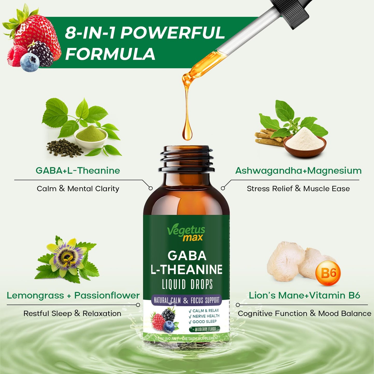 Liquid GABA L-Theanine Drops with Lion’s Mane – Calm, Sleep & Focus (2oz/60ml)
