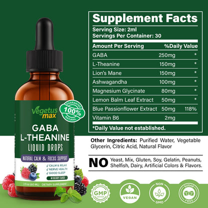 Liquid GABA L-Theanine Drops with Lion’s Mane – Calm, Sleep & Focus (2oz/60ml)