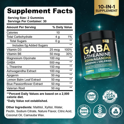 GABA L-Theanine Gummies - Sugar-Free Calm Gummies with Ashwagandha & Magnesium | Sleep & Stress Relief | Blueberry