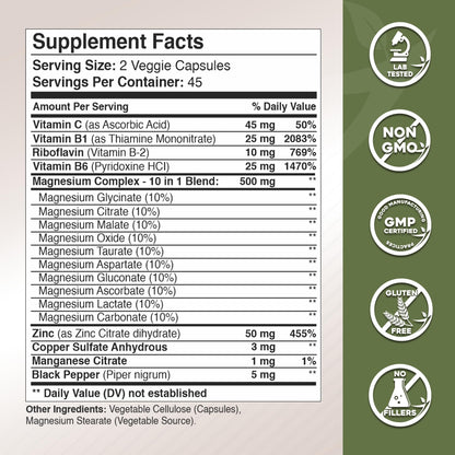 Gade Nutrition Magnesium Complex 10-in-1 – Glycinate, Citrate, Malate & More (90 Count, Pack of 1)