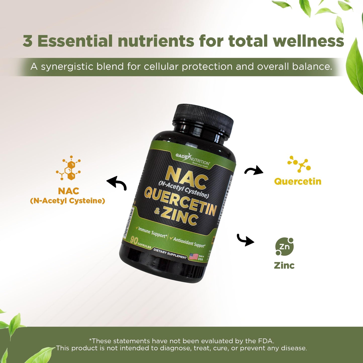 Gade Nutrition NAC Supplement with N-Acetyl Cysteine, Quercetin & Zinc | Immune Support | USA Made
