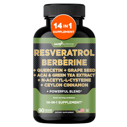 Gade Nutrition 14 in 1 Antioxidant Complex - Resveratrol, Berberine, Quercetin, Grape Seed, Green Tea, NAC, Cinnamon - Made in USA