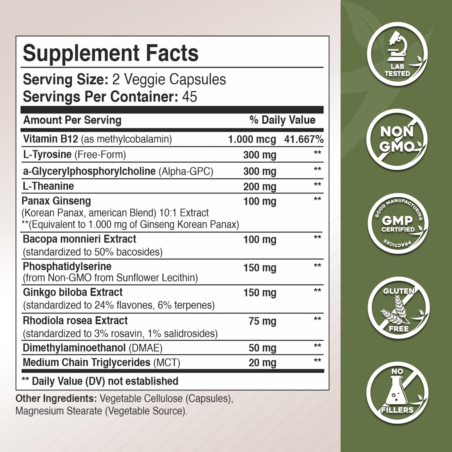 Gade Nutrition Alpha GPC + Ginkgo Biloba + Panax Ginseng + L-Tyrosine, L-Theanine, Bacopa Monnieri, Rhodiola Rosea, B12, MCT