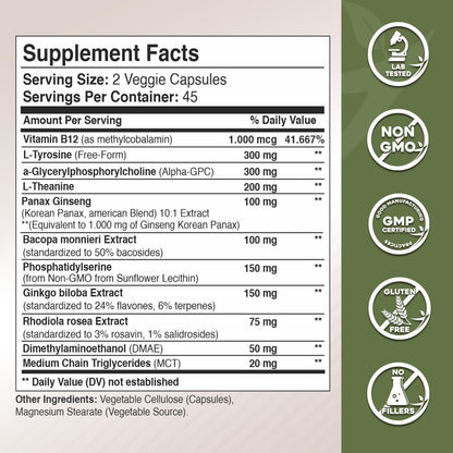 Gade Nutrition Alpha GPC + Ginkgo Biloba + Panax Ginseng + L-Tyrosine, L-Theanine, Bacopa Monnieri, Rhodiola Rosea, B12, MCT