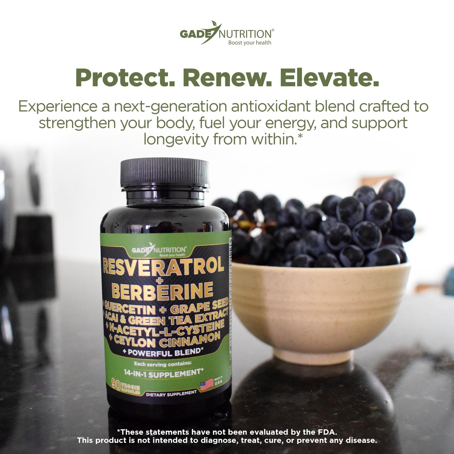 Gade Nutrition 14 in 1 Antioxidant Complex - Resveratrol, Berberine, Quercetin, Grape Seed, Green Tea, NAC, Cinnamon - Made in USA