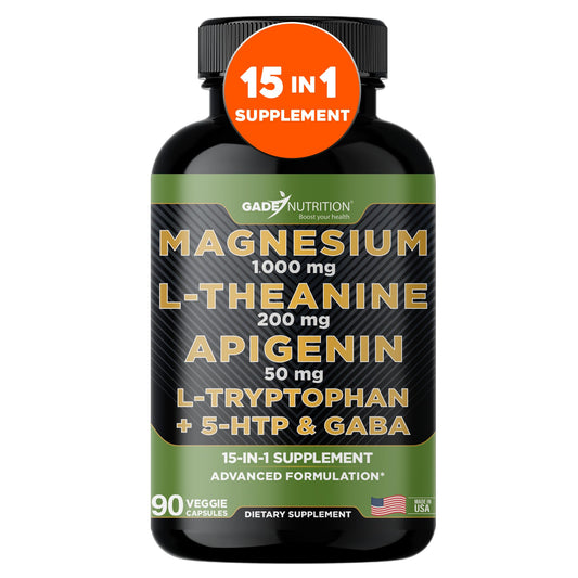 Gade Nutrition Magnesium Glycinate 1000 mg + L-Theanine, Apigenin, 5-HTP & GABA – Sleep Aid & Calm Brain Booster