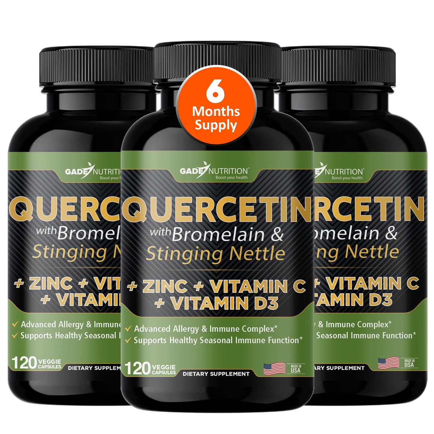 GADE NUTRITION Quercetin 500mg with Vitamin C, Zinc & Stinging Nettle – 360 Veggie Caps, 6 Month Supply