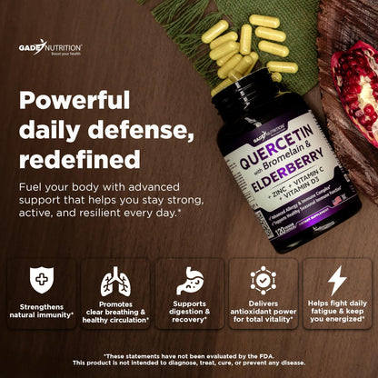 Gade Nutrition Quercetin with Bromelain, Vitamin C & Zinc, Vitamin D3, and Elderberry | Daily Immune Support Supplement - 4 Months Supply