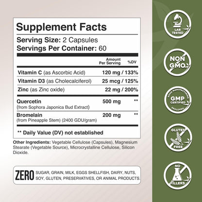 Quercetin with Bromelain, Vitamin C & D3 + Zinc – Immune Support Capsules | Made in USA