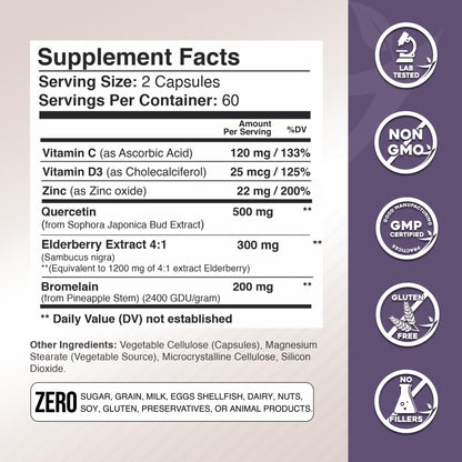 Gade Nutrition Quercetin with Bromelain, Vitamin C & Zinc, Vitamin D3, and Elderberry | Daily Immune Support Supplement - 4 Months Supply