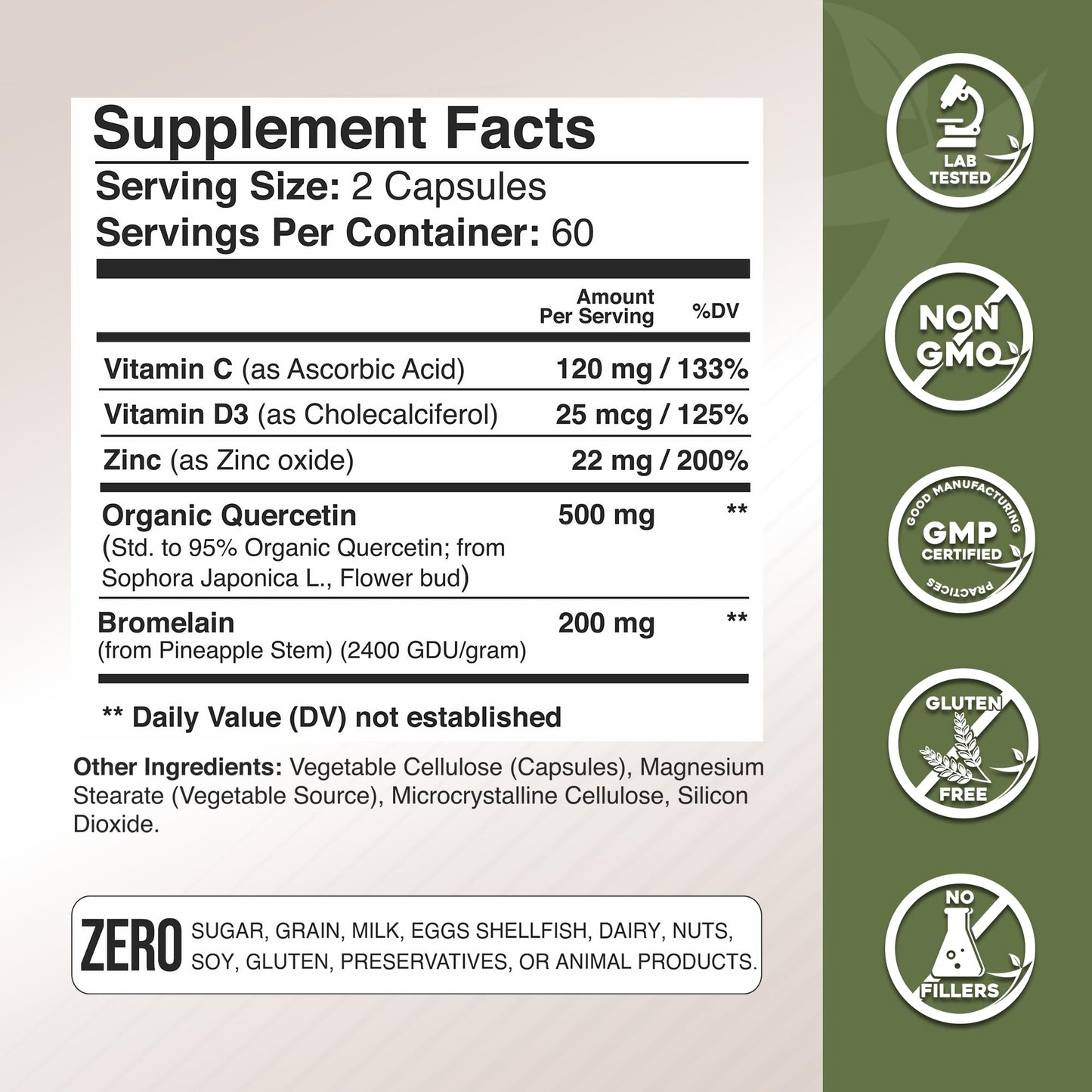 GADE NUTRITION Organic Quercetin 500mg with Bromelain, Vitamin C & Zinc | Immune Support Capsules | Made in USA, Third-Party Tested
