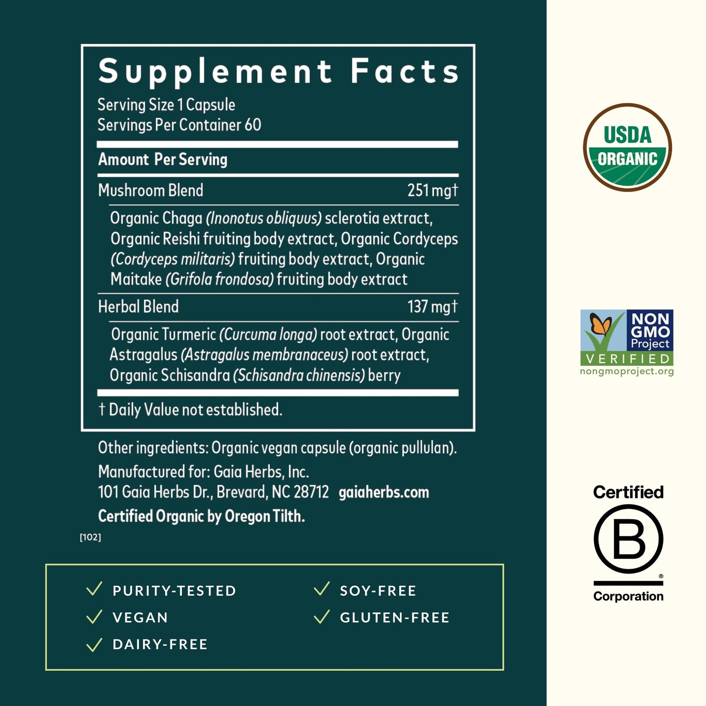 Gaia Herbs Everyday Immune Mushrooms & Herbs — Immune Support (60 Vegan Capsules)