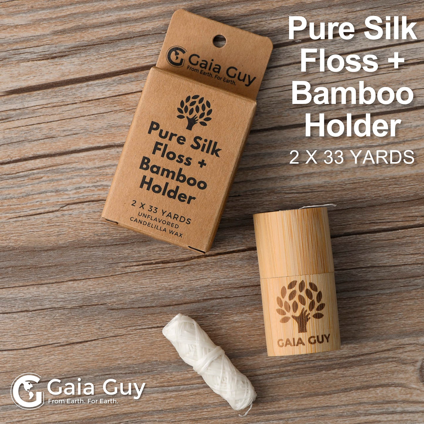 Gaia Guy Silk Dental Floss with Bamboo Holder – 2x33yds, Compostable Pure Silk, Refill & Reusable Case | Plastic-Free