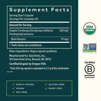 Gaia Herbs Cordyceps Mushroom – Energy & Endurance Support (40-Day, Vegan)