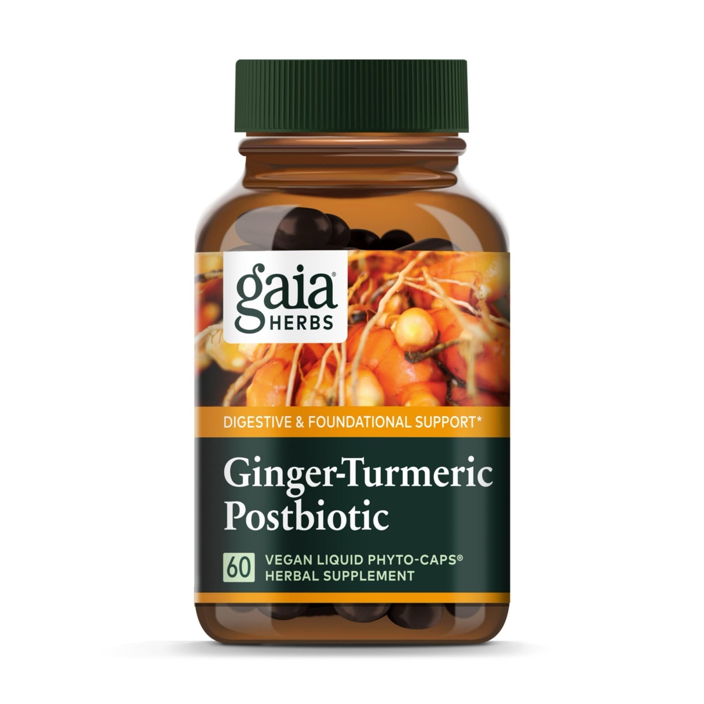 Gaia Herbs Ginger-Turmeric Postbiotic – Premium Digestive Support (Fermented Turmeric & Ginger) – 60 Vegan Capsules