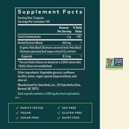 Gaia Herbs Holy Basil Leaf | Adaptogenic Ayurvedic Stress Support | 120 Vegan Liquid Phyto-Caps (60 Servings)