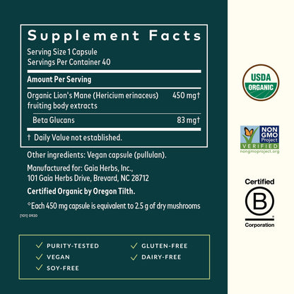Gaia Herbs Lion’s Mane Mushroom – Brain & Nerve Health Support* | 40 Vegan Capsules