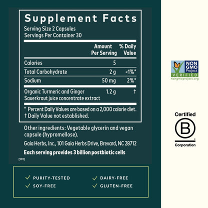Gaia Herbs Ginger-Turmeric Postbiotic – Premium Digestive Support (Fermented Turmeric & Ginger) – 60 Vegan Capsules