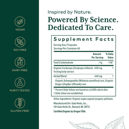 GAIA HERBS PRO Adaptogen Performance - Endurance & Energy Support with Cordyceps & Ashwagandha (120 Capsules, 60 Servings)