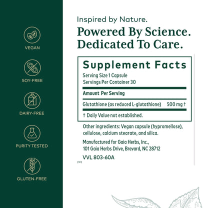 GAIA HERBS PRO Glutathione 500 - Antioxidant Support | 30 Servings | Vegan & Gluten-Free