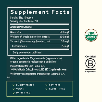 Gaia Herbs Quercetin Synergy - Immunity Support with Lemon Extract - 50 Vegan Capsules