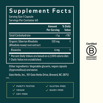 Gaia Herbs Rhodiola Rosea - Stress Support & Endurance | 60 Vegan Liquid Phyto-Capsules