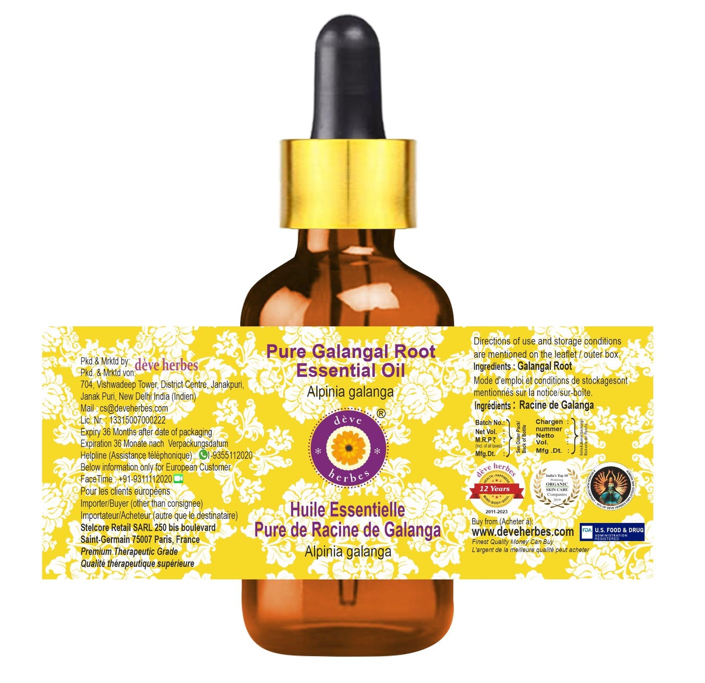 dève herbes Galangal Root Essential Oil (Alpinia galanga) 50ml with Glass Dropper – Pure, Non-Sticky & Lightweight