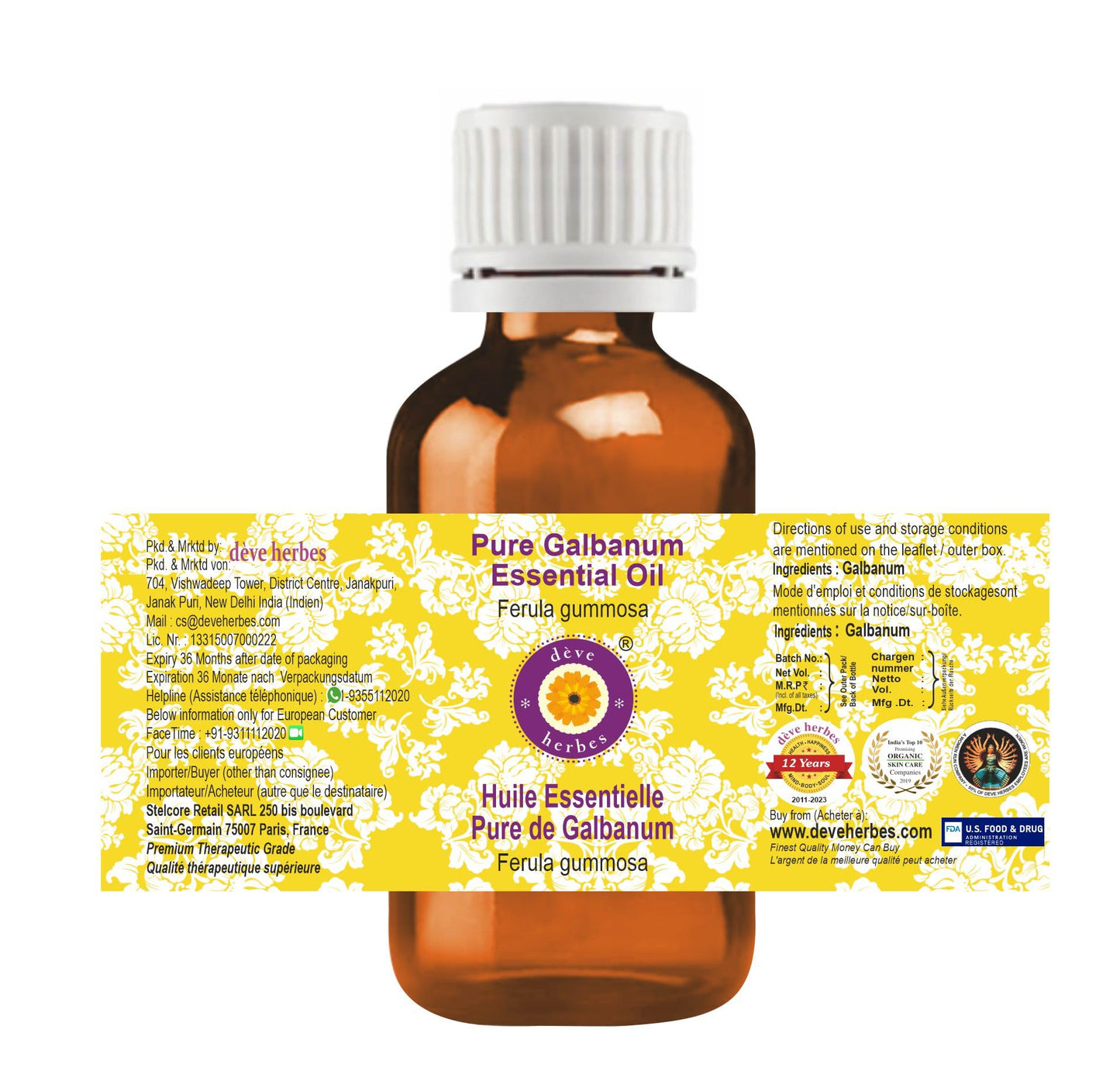 dève herbes Galbanum Essential Oil (Ferula gummosa) – Pure, Steam Distilled, 30ml (1 oz) | Non-Sticky & Non-Greasy