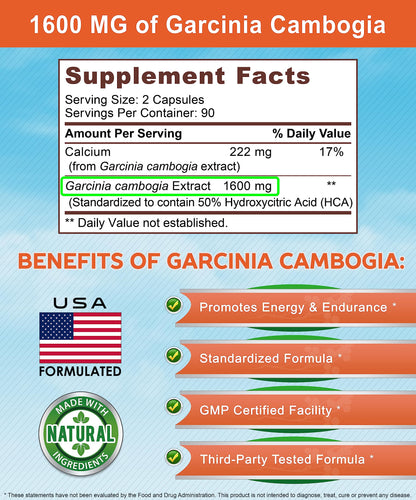 Garcinia Cambogia 1600 mg (180 Capsules) – Pure Natural Extract
