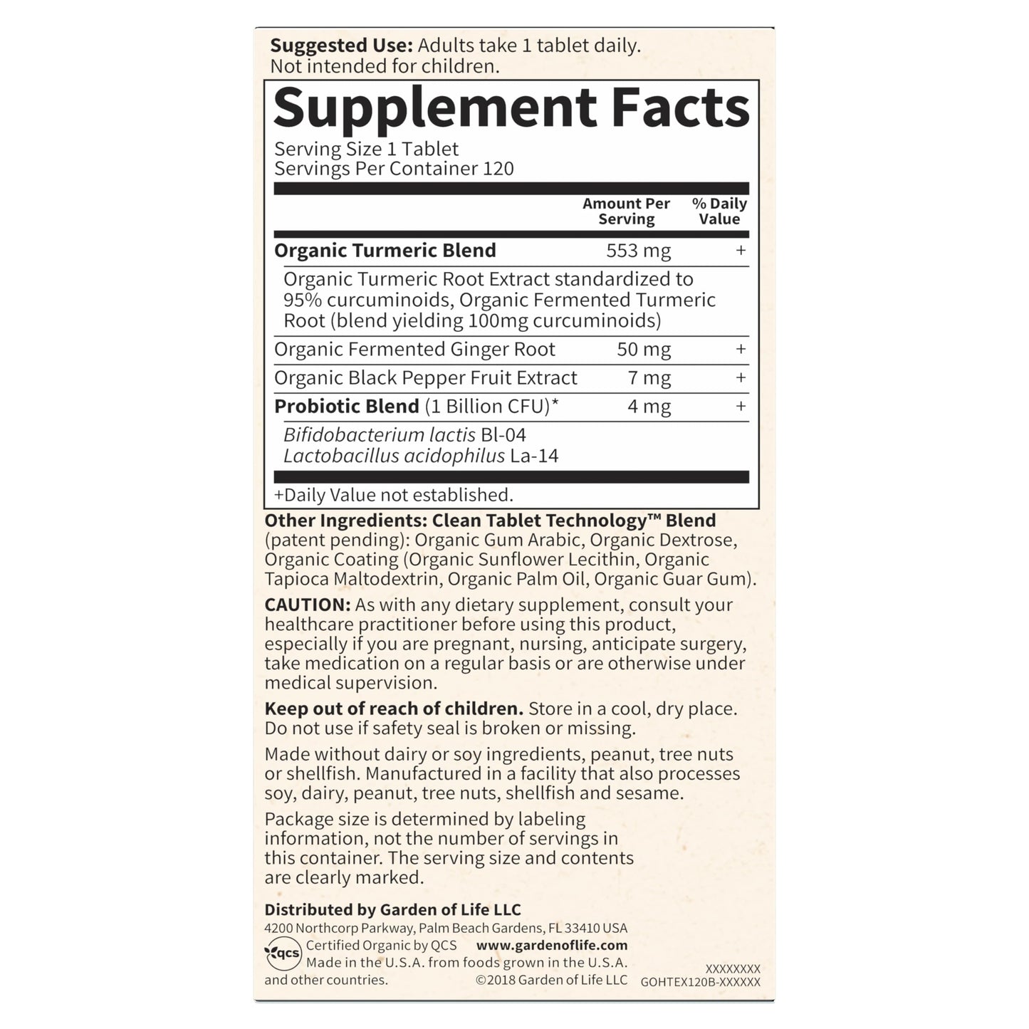 Garden of Life Organic Turmeric Extra Strength 100mg Curcumin – 120 Tablets