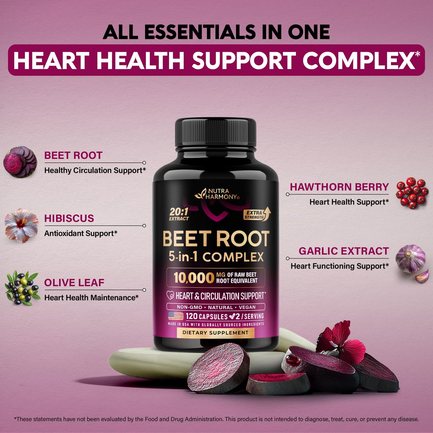 Beet Root Capsules - Heart Health & Blood Pressure Support | Hawthorn Berry, Hibiscus & Garlic - USA Made, 120 Capsules