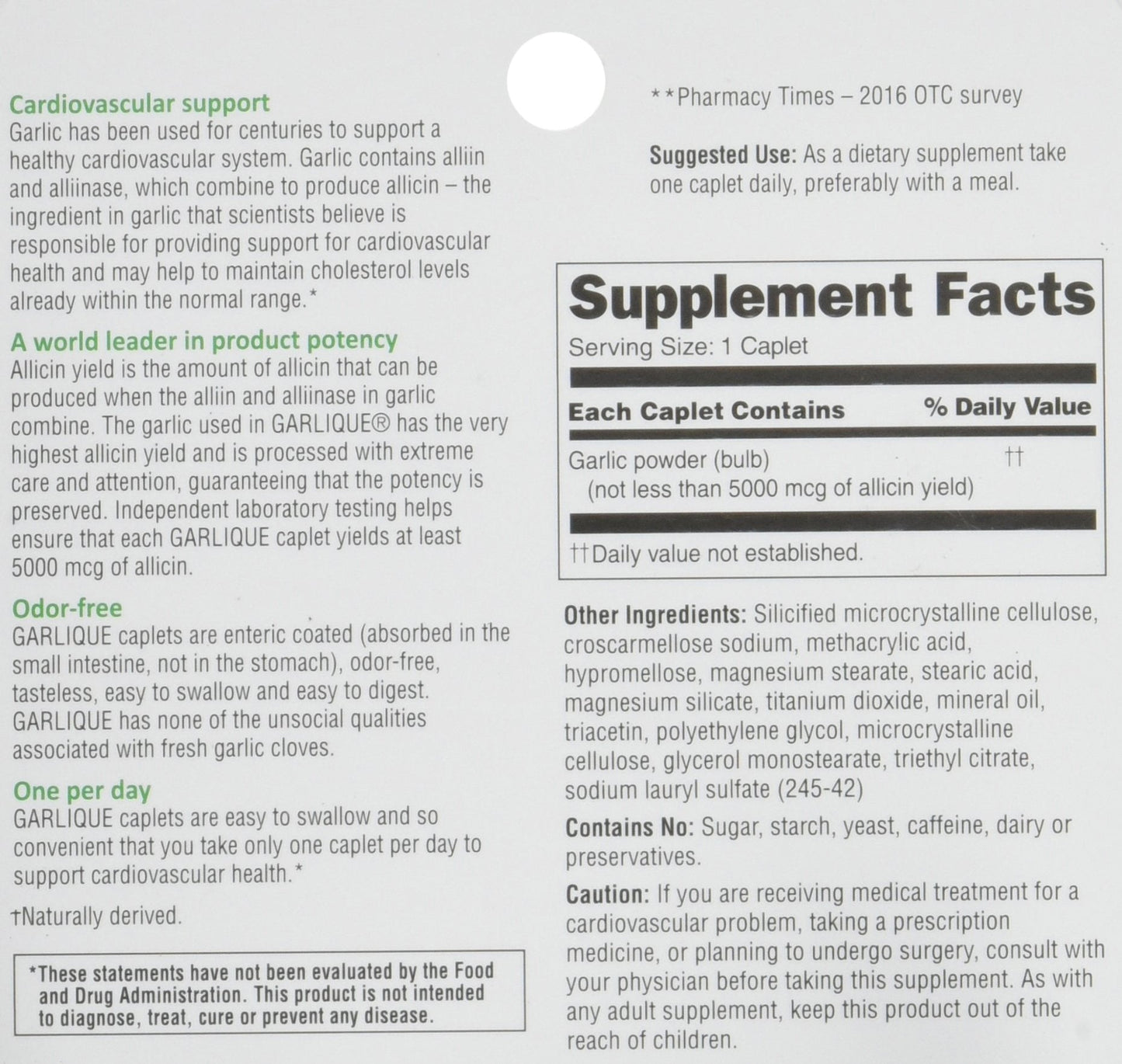 Garlique Dietary Supplement Caplets, 60 - Odor-Free Garlic for Heart Health