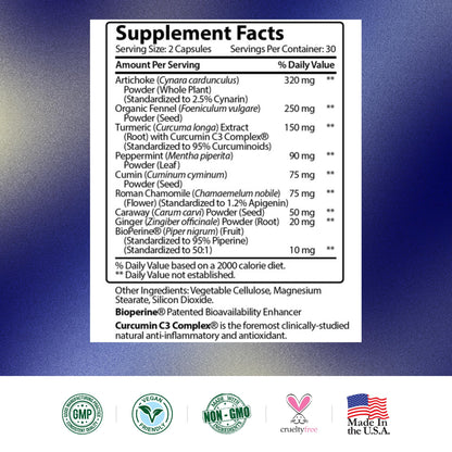 Gas & Bloating Relief - Artichoke, Ginger, Peppermint Leaf Powder - 60 Vegan Capsules | Research Verified