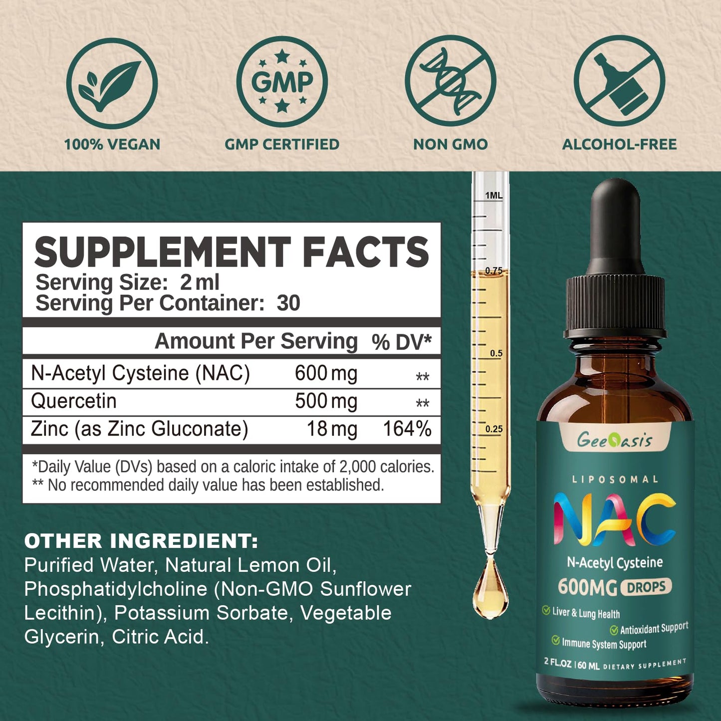 Geeoasis Liposomal NAC Drops 600 mg – N-Acetyl Cysteine with Quercetin & Zinc for Adults & Kids