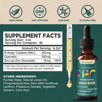 Geeoasis Liposomal NAC Drops 600 mg – N-Acetyl Cysteine with Quercetin & Zinc for Adults & Kids