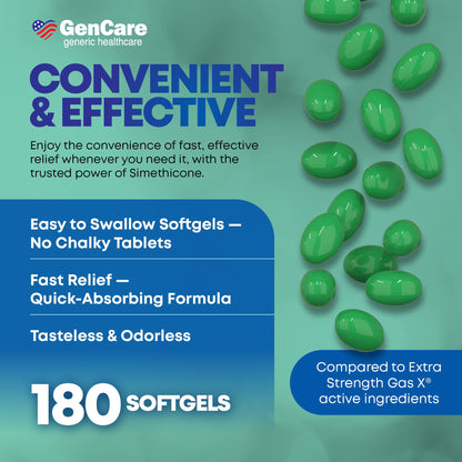 GenCare Extra Strength Gas Relief 125mg – 180 Softgels | Fast Bloating Relief (Compare to Gas X)