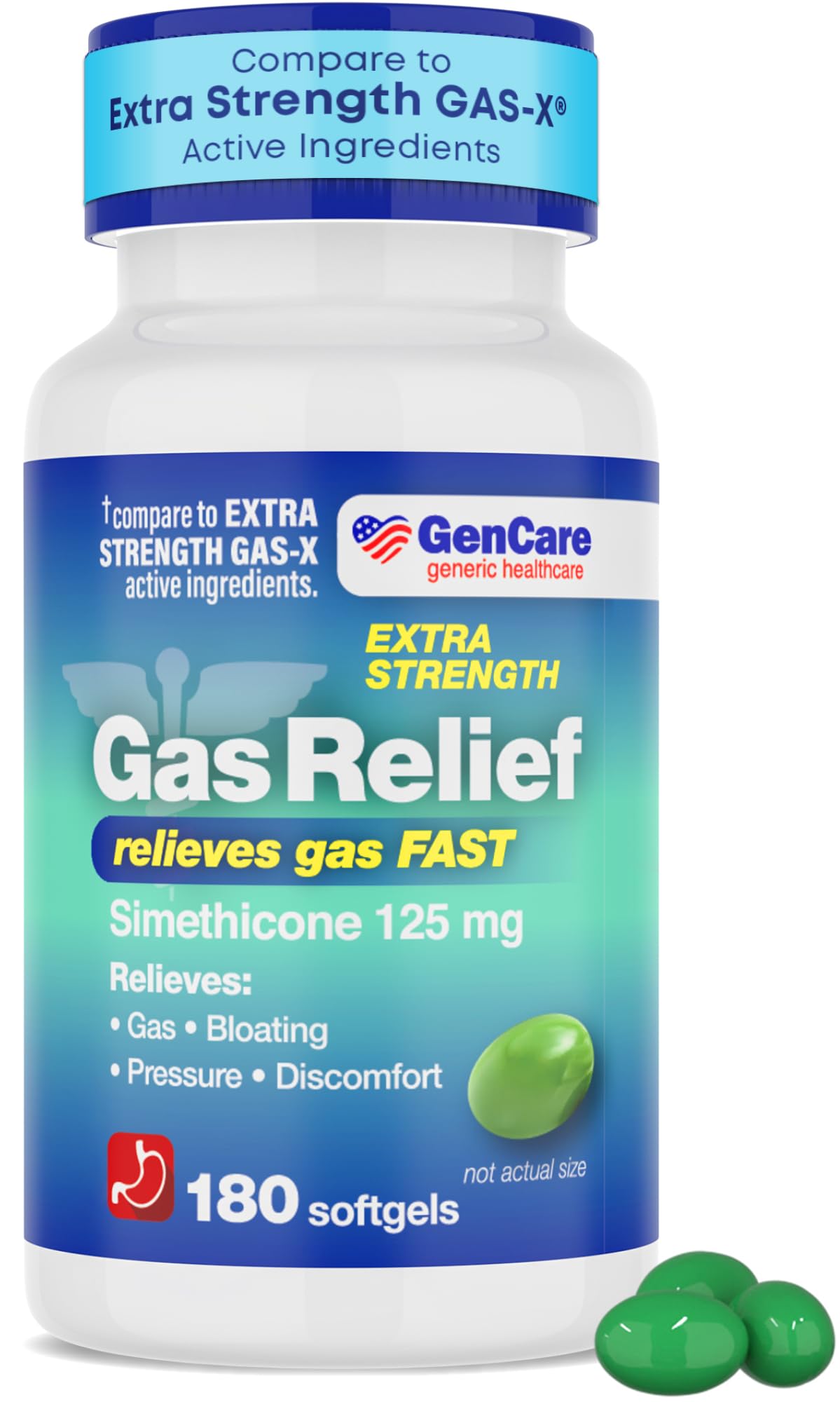GenCare Extra Strength Gas Relief 125mg – 180 Softgels | Fast Bloating Relief (Compare to Gas X)